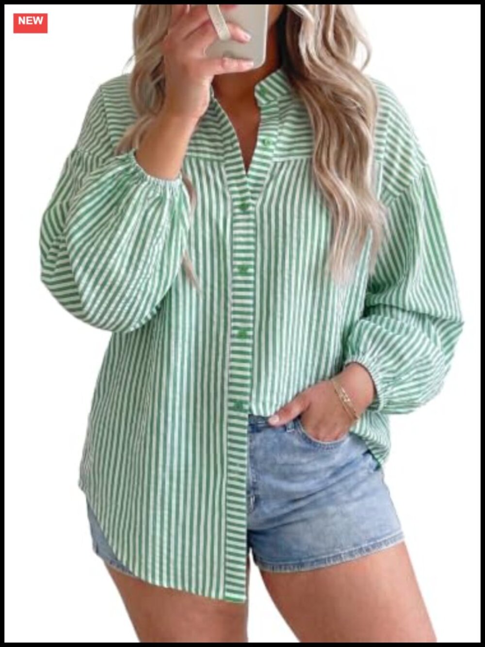 Women's Plus Size Striped Puff Sleeve Button Down Blouse